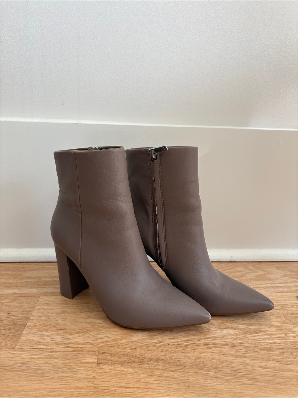 Marc Fisher Pointed Toe Taupe Ankle Booties with Block Heel